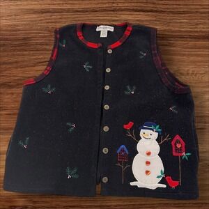 Marisa Christina Christmas Vest Embroidered Snowman Holiday Festive L